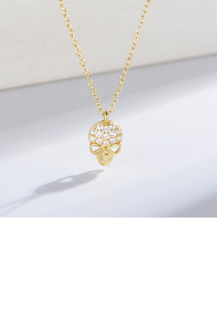 925 Sterling Silver Plated Gold Fashion Personality Skull Pendant with Cubic Zirconia and Necklace - Luxurious Look