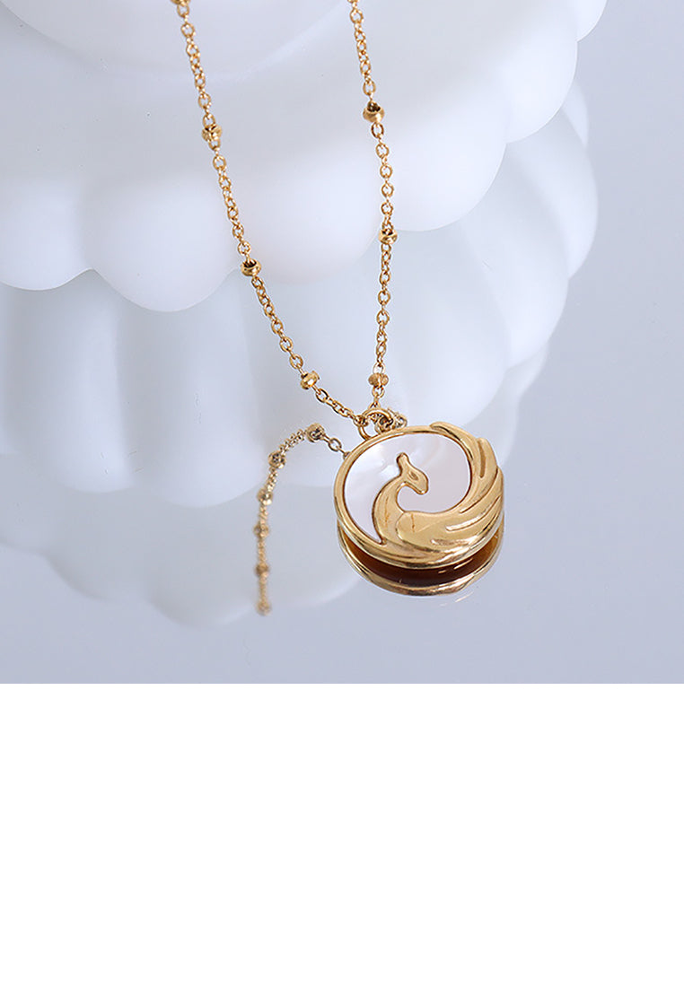 Fashion and Elegant Plated Gold 316L Stainless Steel Phoenix Pendant with White Shell and Necklace