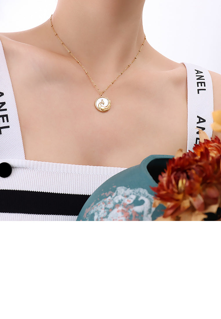 Fashion and Elegant Plated Gold 316L Stainless Steel Phoenix Pendant with White Shell and Necklace