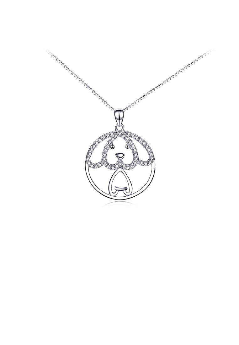 925 Sterling Silver Simple Cute Dog Geometric Round Pendant with Cubic Zirconia and Necklace - Luxurious Look