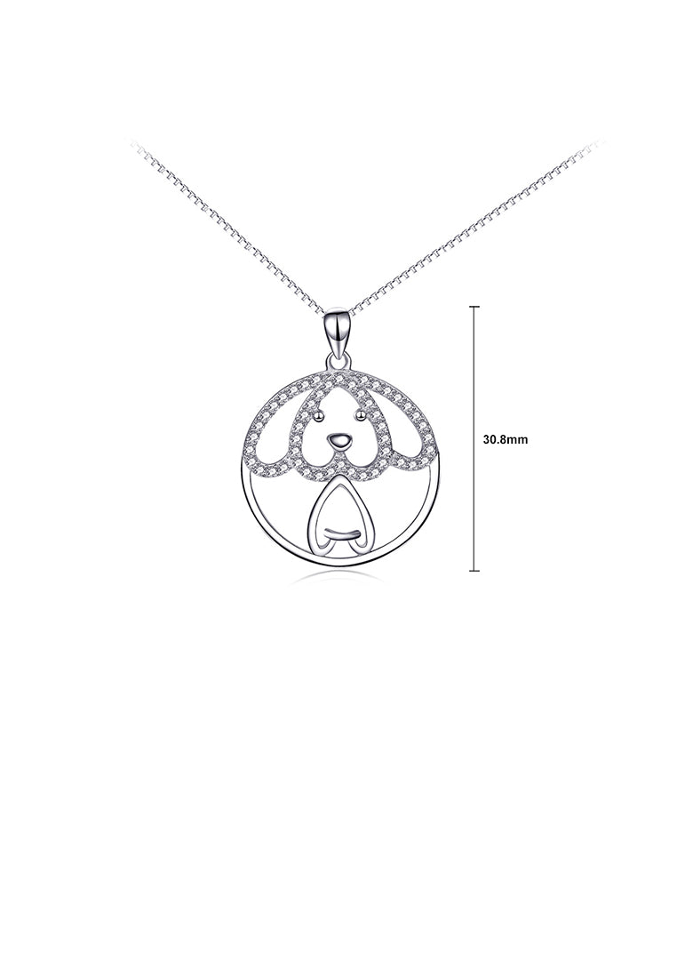925 Sterling Silver Simple Cute Dog Geometric Round Pendant with Cubic Zirconia and Necklace - Luxurious Look