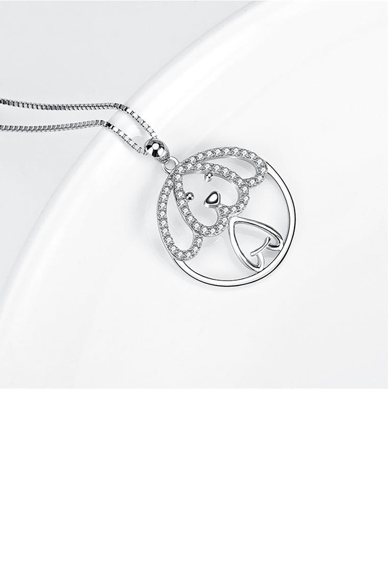 925 Sterling Silver Simple Cute Dog Geometric Round Pendant with Cubic Zirconia and Necklace - Luxurious Look