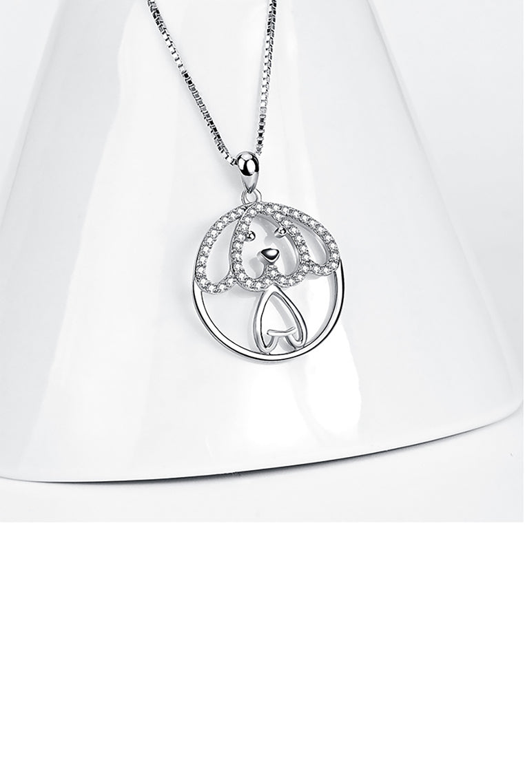 925 Sterling Silver Simple Cute Dog Geometric Round Pendant with Cubic Zirconia and Necklace - Luxurious Look