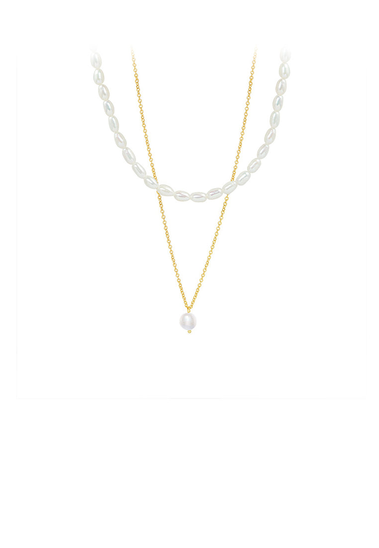Simple Temperament Plated Gold Geometric Imitation Pearl Pendant with 316L Stainless Steel Double Layer Necklace - Luxurious Look