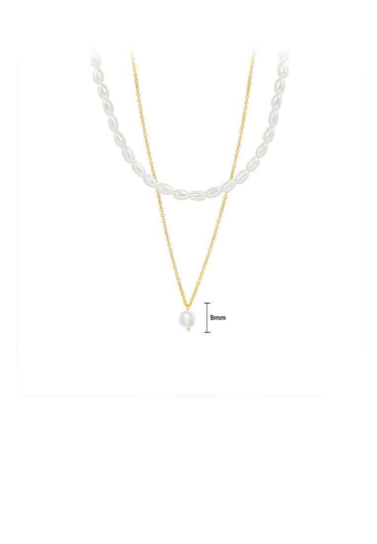 Simple Temperament Plated Gold Geometric Imitation Pearl Pendant with 316L Stainless Steel Double Layer Necklace - Luxurious Look
