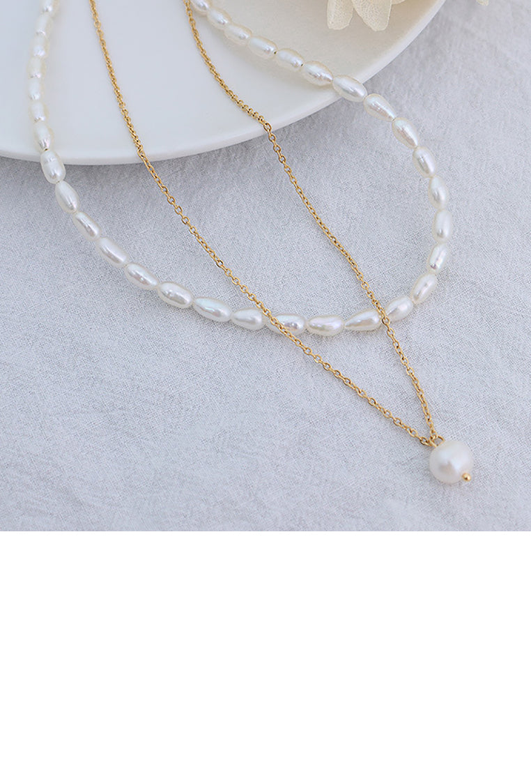 Simple Temperament Plated Gold Geometric Imitation Pearl Pendant with 316L Stainless Steel Double Layer Necklace - Luxurious Look