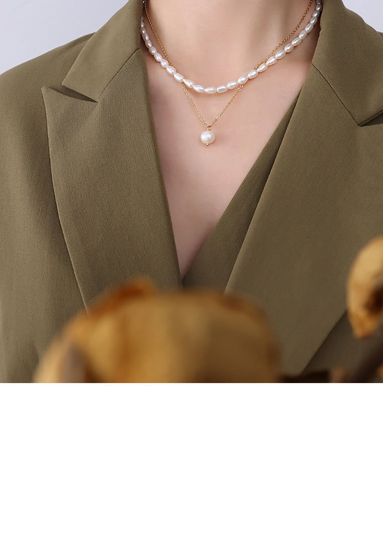Simple Temperament Plated Gold Geometric Imitation Pearl Pendant with 316L Stainless Steel Double Layer Necklace - Luxurious Look