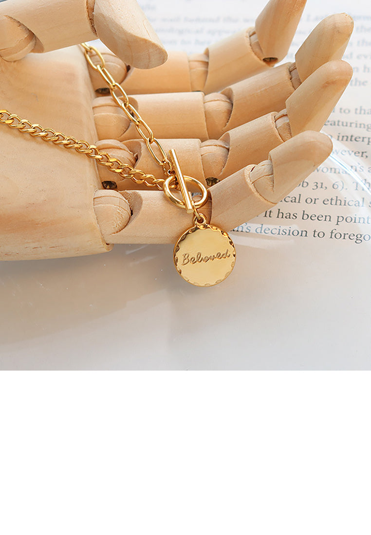 Fashion Simple Plated Gold 316L Stainless Steel Geometric Round Pendant with Necklace