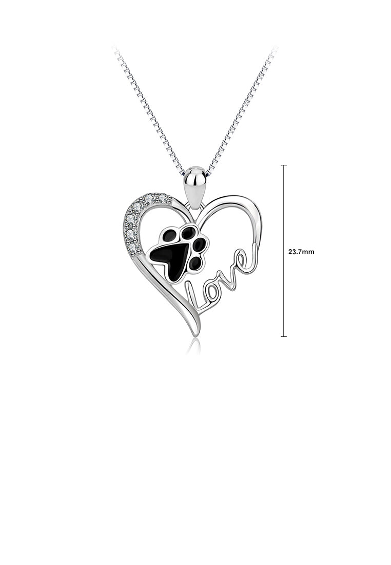 925 Sterling Silver Fashion Creative Dog Paw Print Love Heart Pendant with Cubic Zirconia and Necklace - Luxurious Look