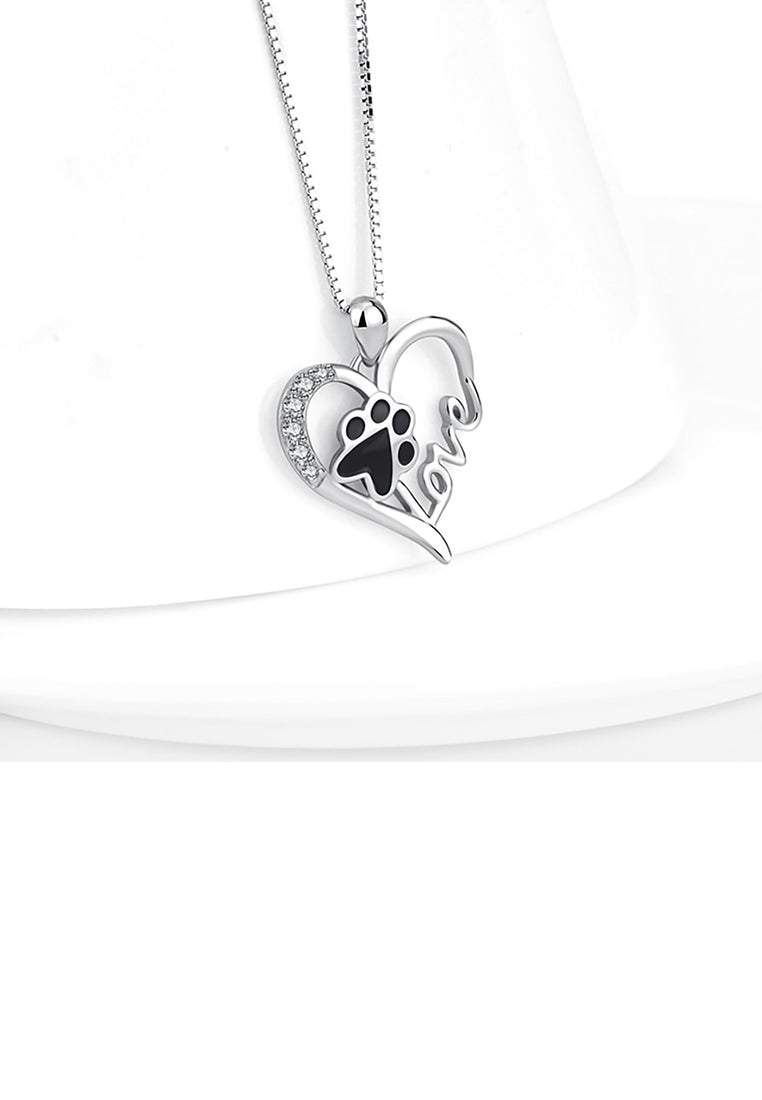 925 Sterling Silver Fashion Creative Dog Paw Print Love Heart Pendant with Cubic Zirconia and Necklace - Luxurious Look