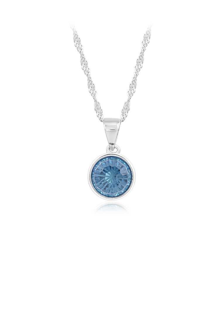 925 Sterling Silver Simple and Fashion Geometric Round Pendant with Blue Cubic Zirconia and Necklace - Luxurious Look