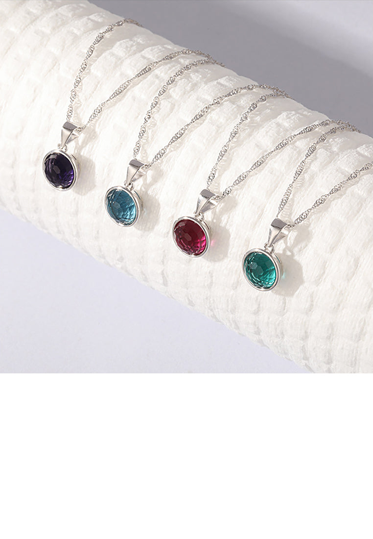 925 Sterling Silver Simple and Fashion Geometric Round Pendant with Blue Cubic Zirconia and Necklace - Luxurious Look