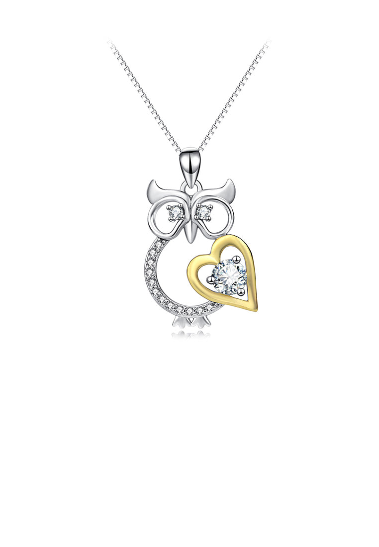 925 Sterling Silver Simple and Cute Owl Golden Heart Pendant with Cubic Zirconia and Necklace - Luxurious Look