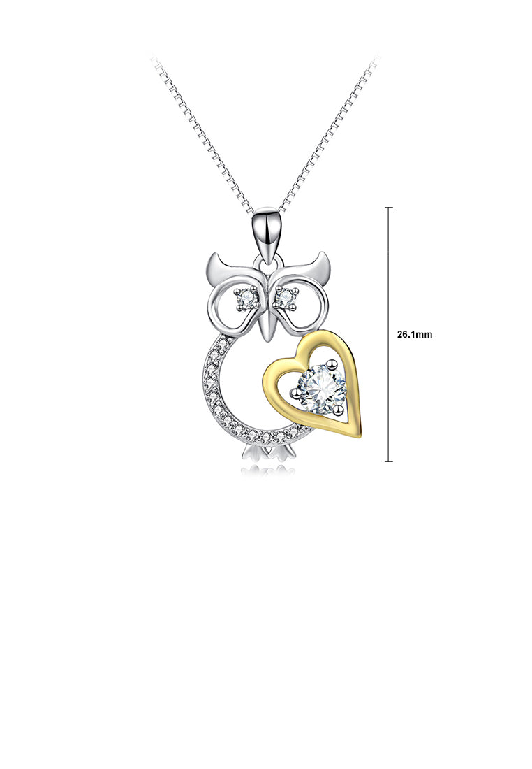 925 Sterling Silver Simple and Cute Owl Golden Heart Pendant with Cubic Zirconia and Necklace - Luxurious Look