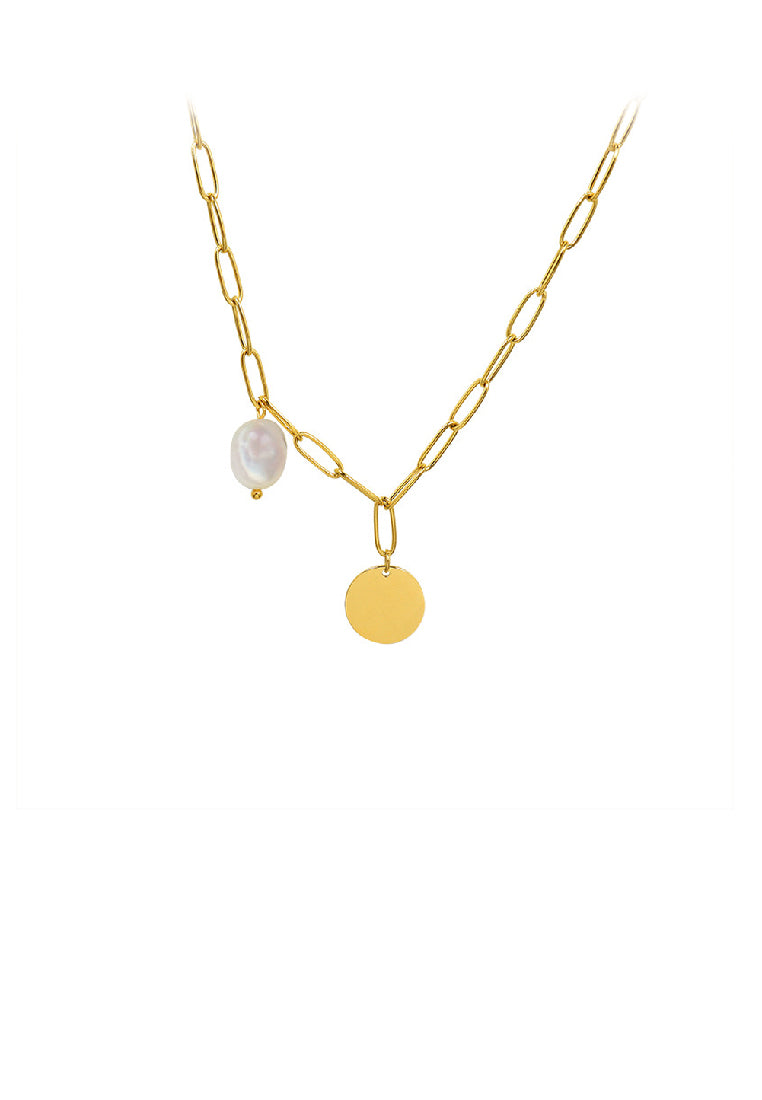 Fashion Elegant Plated Gold 316L Stainless Steel Geometric Round Pendant with Imitation Pearls and Necklace