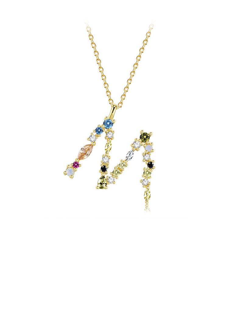 925 Sterling Silver Plated Gold Fashion Simple Color English Alphabet M Pendant with Cubic Zirconia and Necklace - Luxurious Look