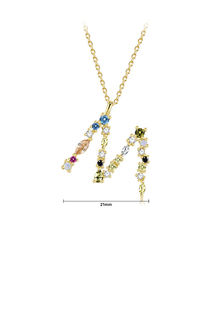925 Sterling Silver Plated Gold Fashion Simple Color English Alphabet M Pendant with Cubic Zirconia and Necklace - Luxurious Look