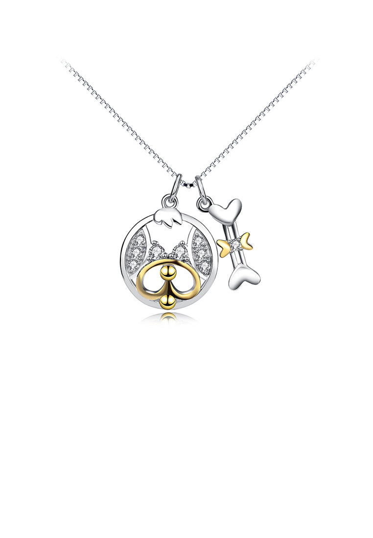925 Sterling Silver Fashion Cute Two-tone Dog Bone Pendant with Cubic Zirconia and Necklace - Luxurious Look