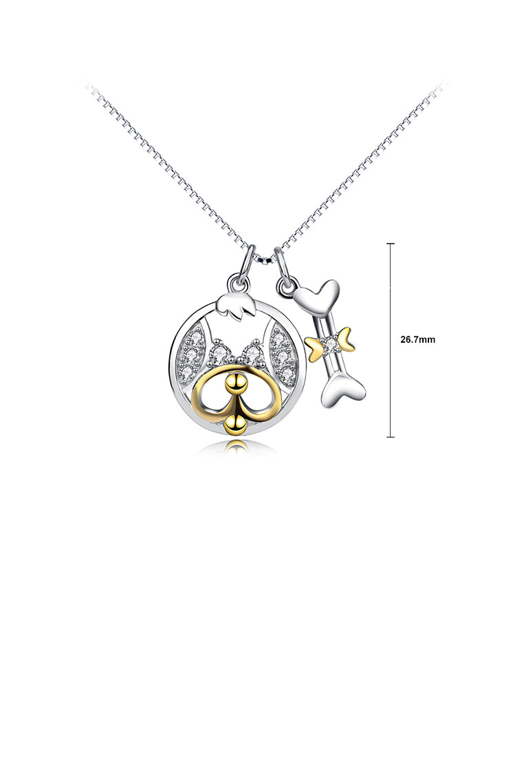 925 Sterling Silver Fashion Cute Two-tone Dog Bone Pendant with Cubic Zirconia and Necklace - Luxurious Look