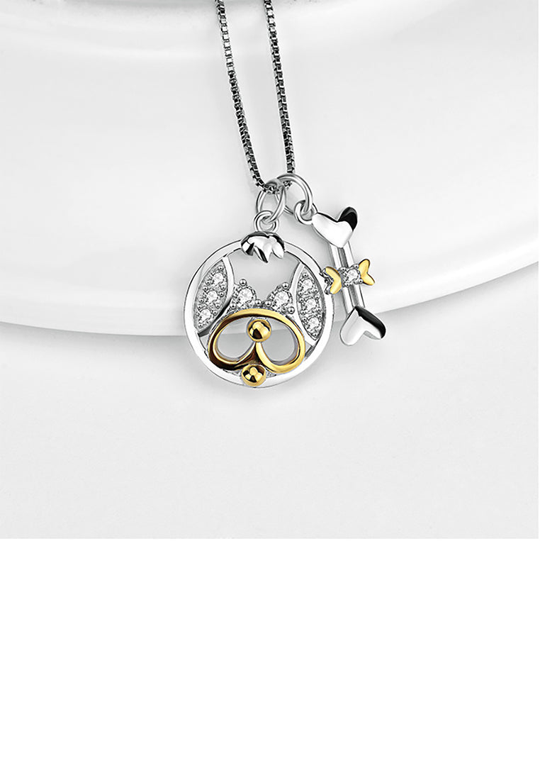 925 Sterling Silver Fashion Cute Two-tone Dog Bone Pendant with Cubic Zirconia and Necklace - Luxurious Look