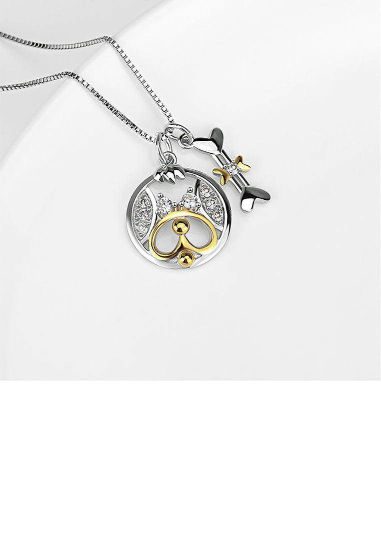 925 Sterling Silver Fashion Cute Two-tone Dog Bone Pendant with Cubic Zirconia and Necklace - Luxurious Look