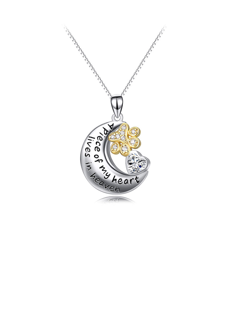 925 Sterling Silver Fashion Creative Moon Dog Paw Heart Pendant with Cubic Zirconia and Necklace - Luxurious Look