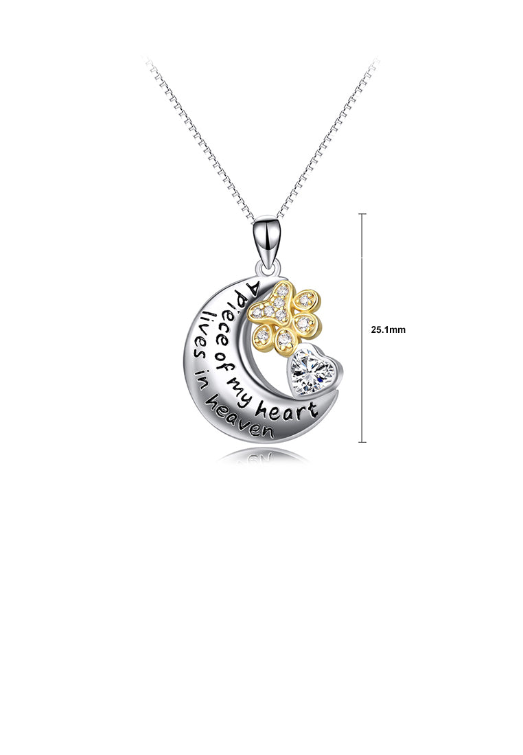 925 Sterling Silver Fashion Creative Moon Dog Paw Heart Pendant with Cubic Zirconia and Necklace - Luxurious Look
