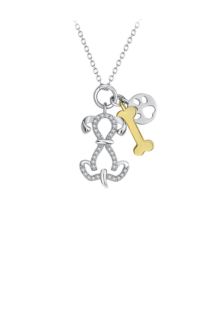 925 Sterling Silver Fashion Cute Golden Bone Dog Pendant with Cubic Zirconia and Necklace - Luxurious Look