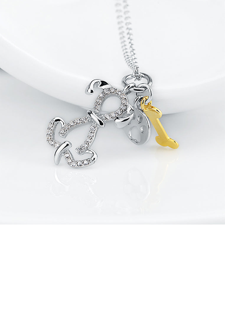 925 Sterling Silver Fashion Cute Golden Bone Dog Pendant with Cubic Zirconia and Necklace - Luxurious Look