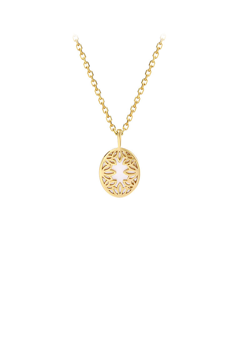 925 Sterling Silver Plated Gold Simple Fashion Hollow Leaf Geometric Oval Shell Pendant with Necklace