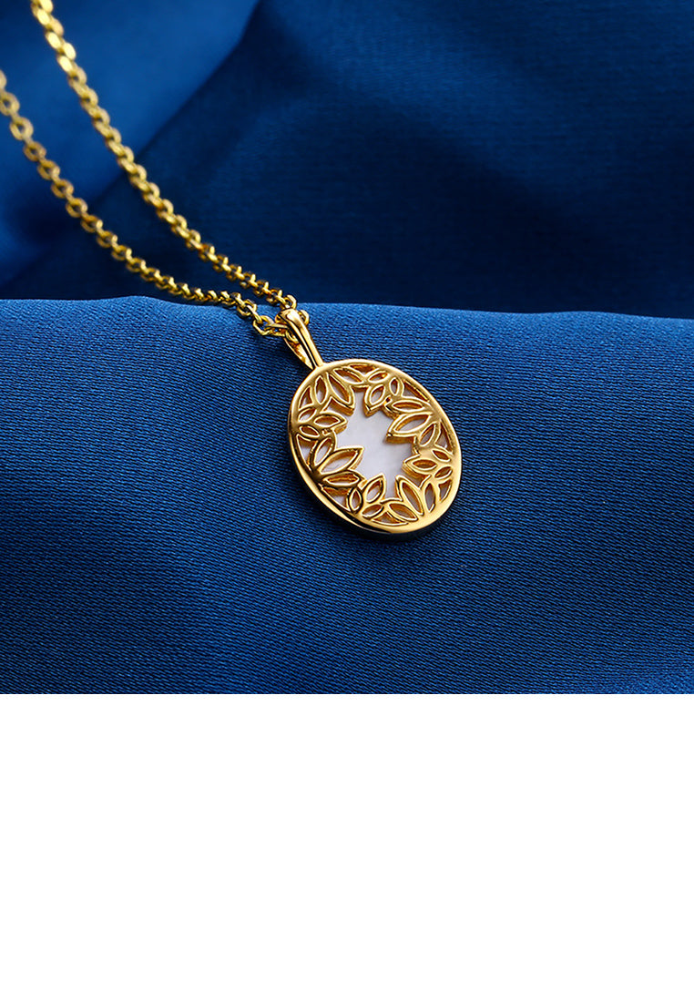 925 Sterling Silver Plated Gold Simple Fashion Hollow Leaf Geometric Oval Shell Pendant with Necklace