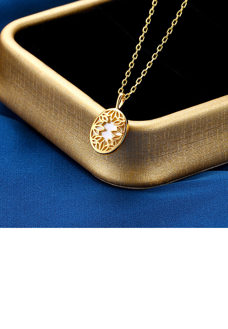 925 Sterling Silver Plated Gold Simple Fashion Hollow Leaf Geometric Oval Shell Pendant with Necklace
