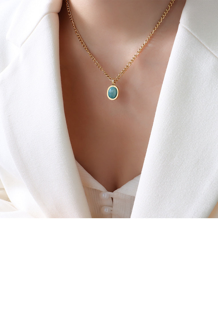 Simple and Fashion Gold Plated 316L Stainless Steel Geometric Oval Pendant with Imitation Tianhe and Necklace