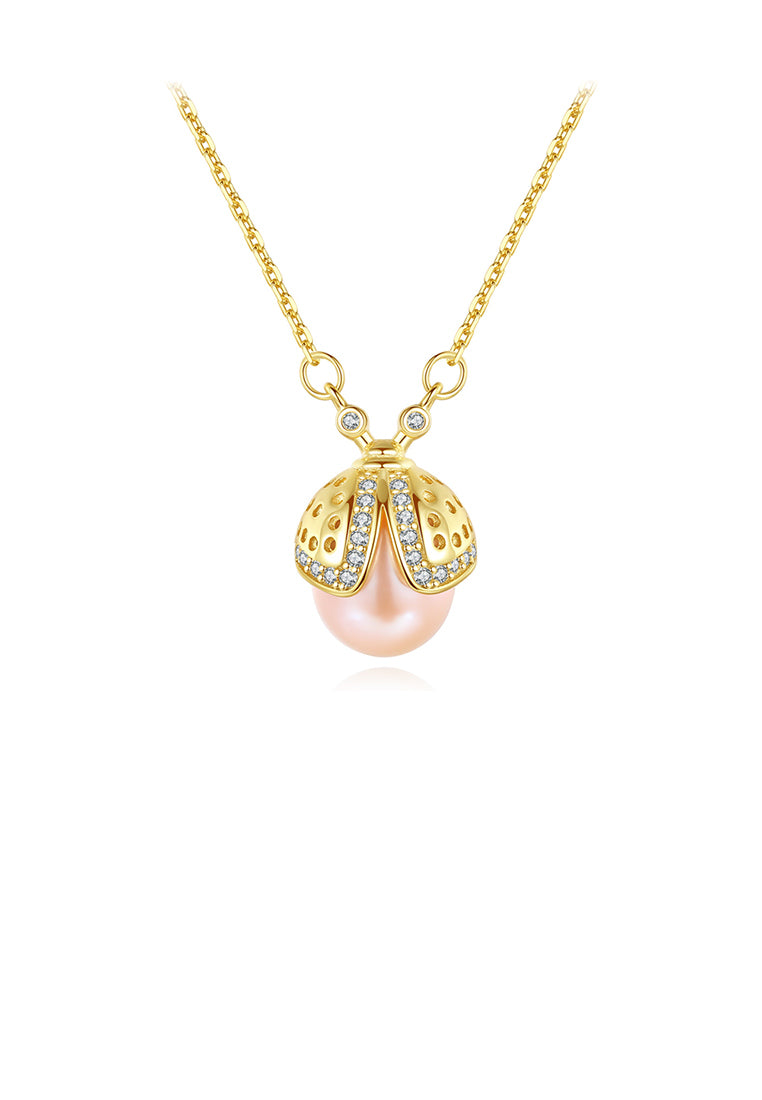 925 Sterling Silver Plated Gold Fashion Cute Ladybug Pink Freshwater Pearl Pendant with Cubic Zirconia and Necklace - Luxurious Look - Vibrant Color