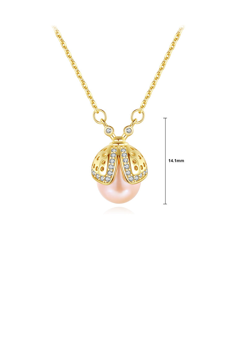 925 Sterling Silver Plated Gold Fashion Cute Ladybug Pink Freshwater Pearl Pendant with Cubic Zirconia and Necklace - Luxurious Look - Vibrant Color