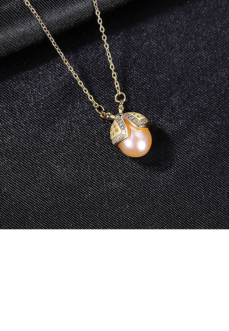 925 Sterling Silver Plated Gold Fashion Cute Ladybug Pink Freshwater Pearl Pendant with Cubic Zirconia and Necklace - Luxurious Look - Vibrant Color