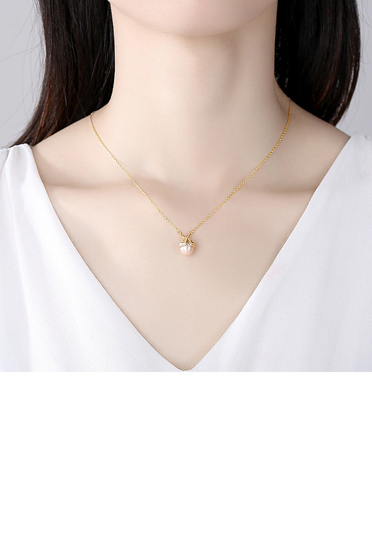 925 Sterling Silver Plated Gold Fashion Cute Ladybug Pink Freshwater Pearl Pendant with Cubic Zirconia and Necklace - Luxurious Look - Vibrant Color