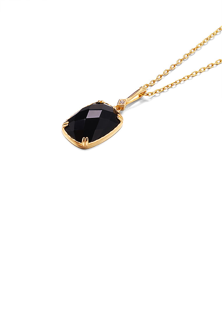 925 Sterling Silver Plated Gold Simple Fashion Black Agate Geometric Square Pendant with Necklace