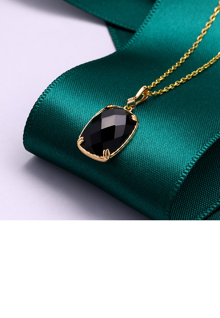 925 Sterling Silver Plated Gold Simple Fashion Black Agate Geometric Square Pendant with Necklace