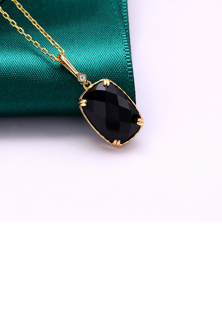 925 Sterling Silver Plated Gold Simple Fashion Black Agate Geometric Square Pendant with Necklace