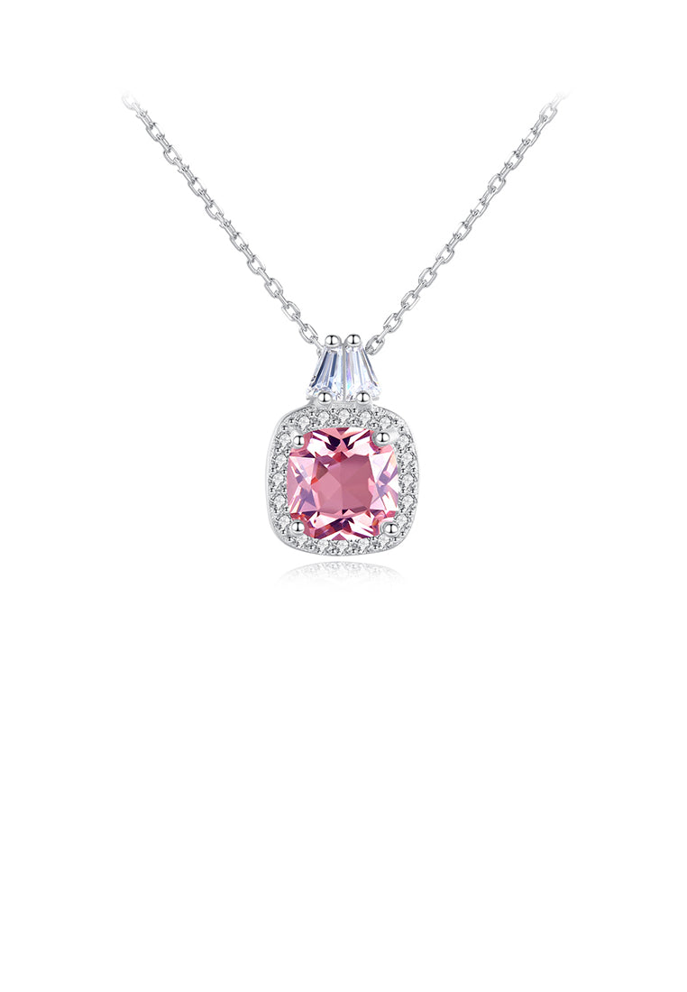 925 Sterling Silver Fashion Elegant Geometric Square Pink Cubic Zirconia Pendant with Necklace - Luxurious Look - Vibrant Color