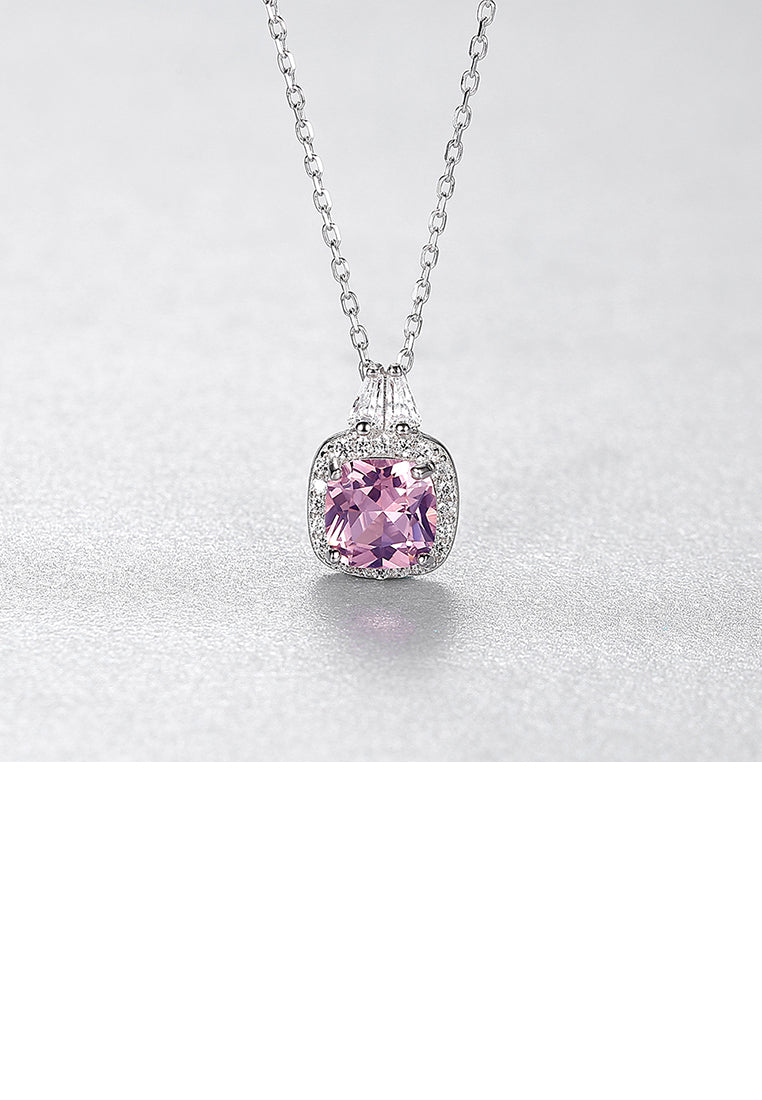 925 Sterling Silver Fashion Elegant Geometric Square Pink Cubic Zirconia Pendant with Necklace - Luxurious Look - Vibrant Color