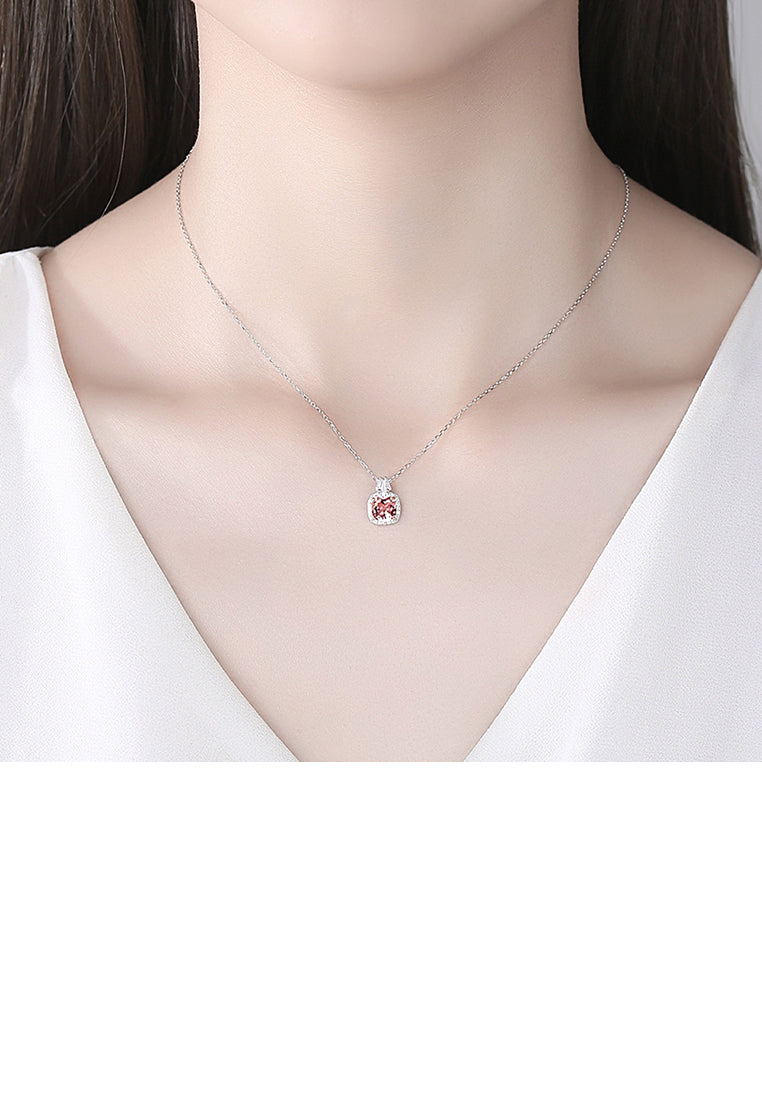 925 Sterling Silver Fashion Elegant Geometric Square Pink Cubic Zirconia Pendant with Necklace - Luxurious Look - Vibrant Color
