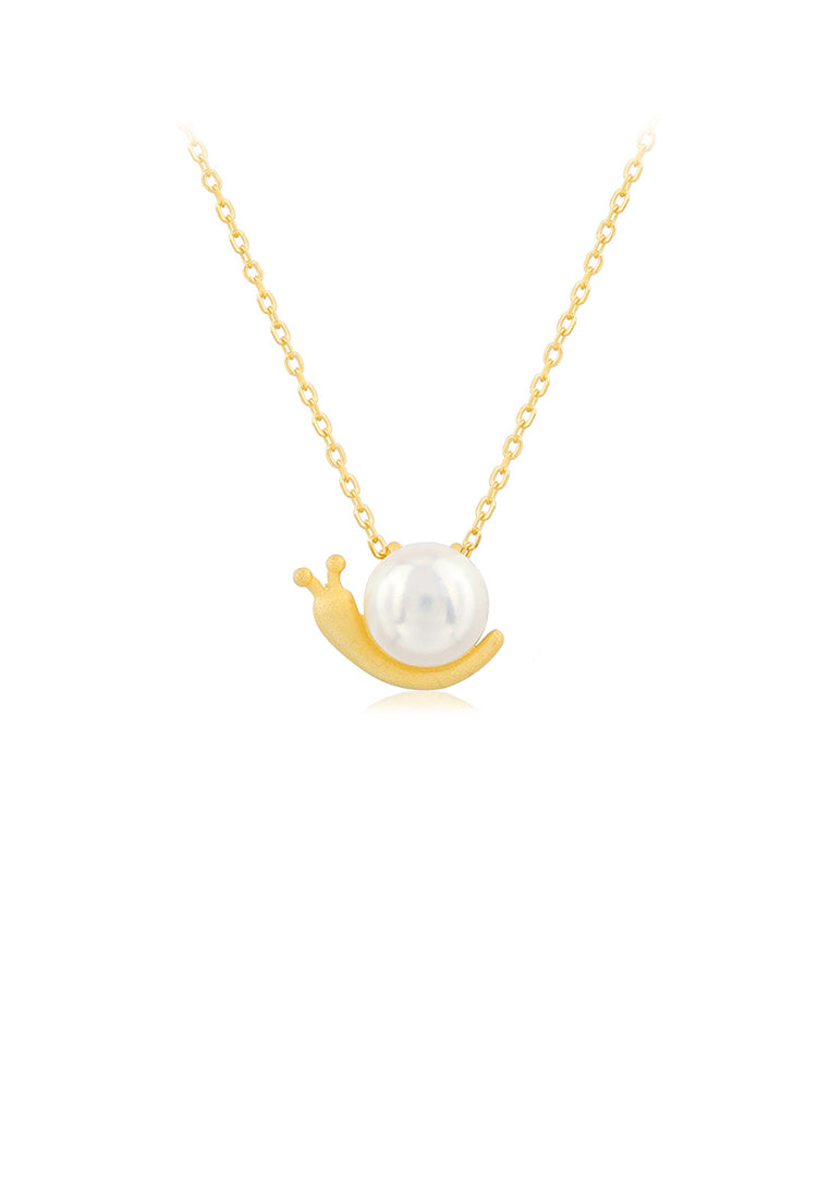 925 Sterling Silver Plated Gold Simple Cute Snail Freshwater Pearl Pendant with Necklace - Luxurious Look