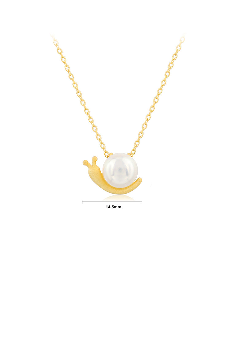 925 Sterling Silver Plated Gold Simple Cute Snail Freshwater Pearl Pendant with Necklace - Luxurious Look