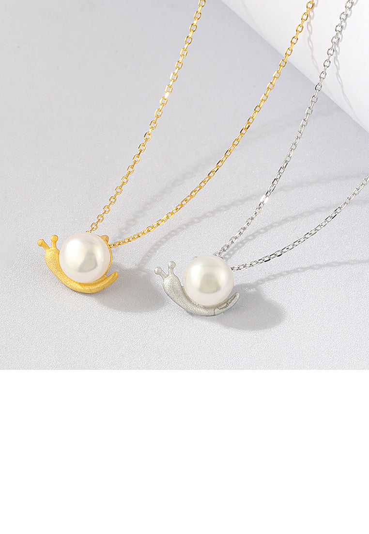925 Sterling Silver Plated Gold Simple Cute Snail Freshwater Pearl Pendant with Necklace - Luxurious Look