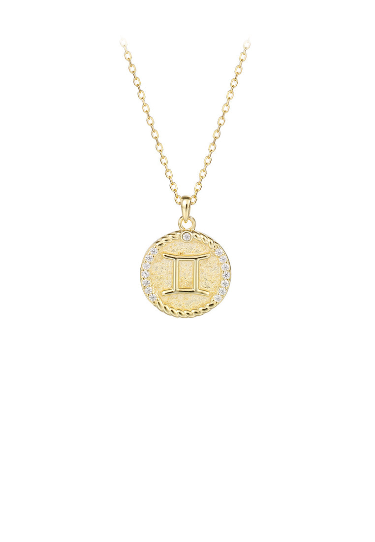 925 Sterling Silver Plated Gold Fashion Simple Twelve Constellation Gemini Geometric Round Pendant with Cubic Zirconia and Necklace - Luxurious Look