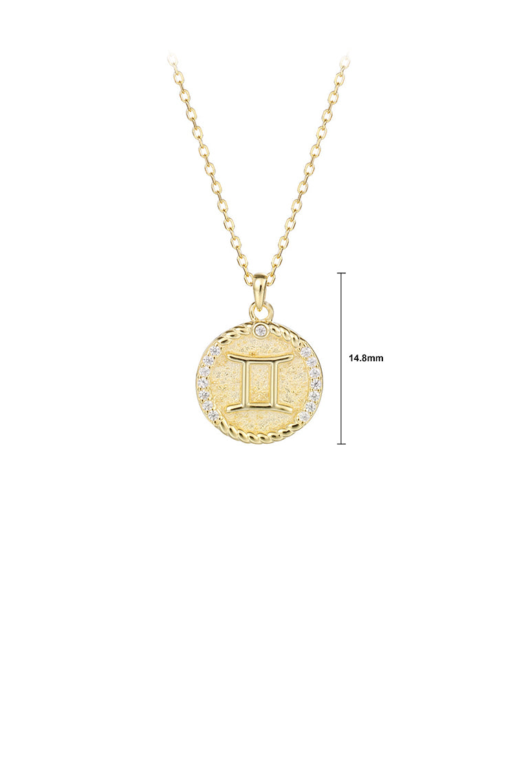 925 Sterling Silver Plated Gold Fashion Simple Twelve Constellation Gemini Geometric Round Pendant with Cubic Zirconia and Necklace - Luxurious Look