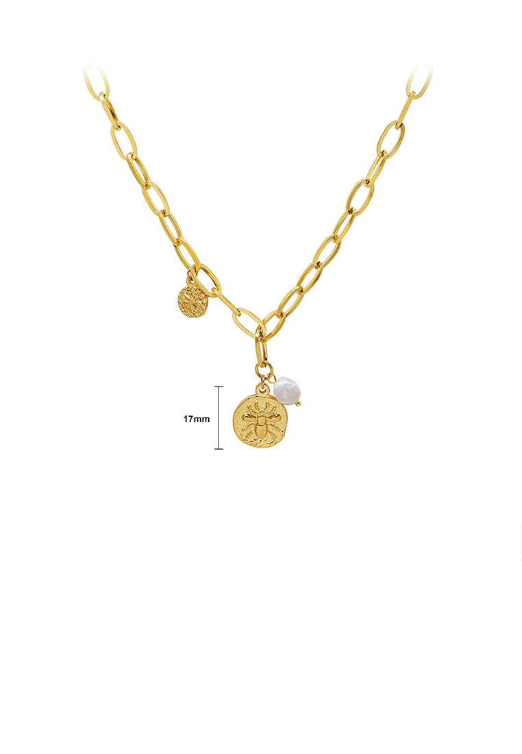 Fashion Simple Plated Gold 316L Stainless Steel Spider Geometric Round Pendant with Imitation Pearl and Necklace - Luxurious Look