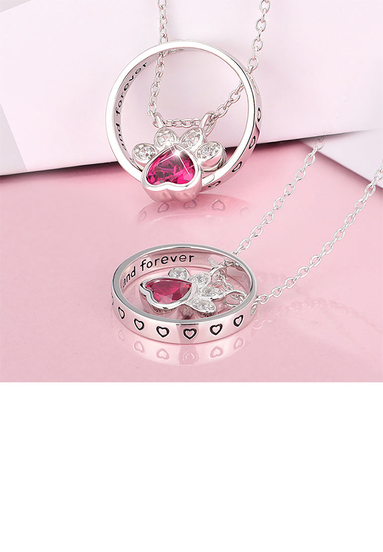 925 Sterling Silver Simple Cute Dog Claw Geometric Round Pendant with Cubic Zirconia and Necklace - Luxurious Look